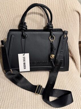 Steve Madden Black Knotted-Handle Satchel with Removable Logo Strap